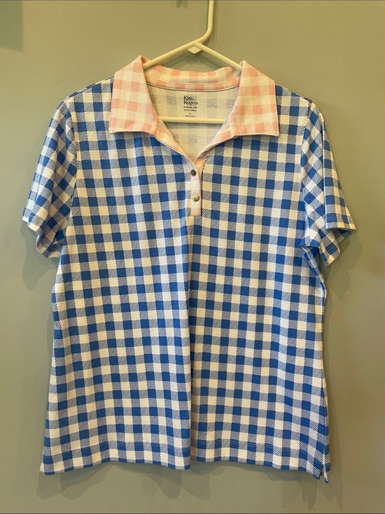 Kim Rogers Tops - Kim Rogers Blue and White Gingham Polo with Pink Accent Collar